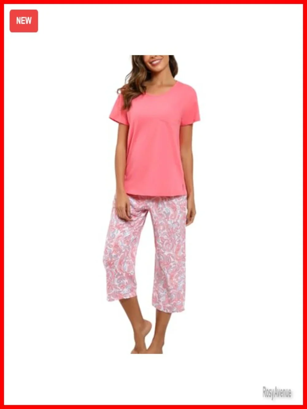 Cotton Blend 2-Piece Pajama Set Short Sleeve Top Capri Pants Sleepwear Lounge